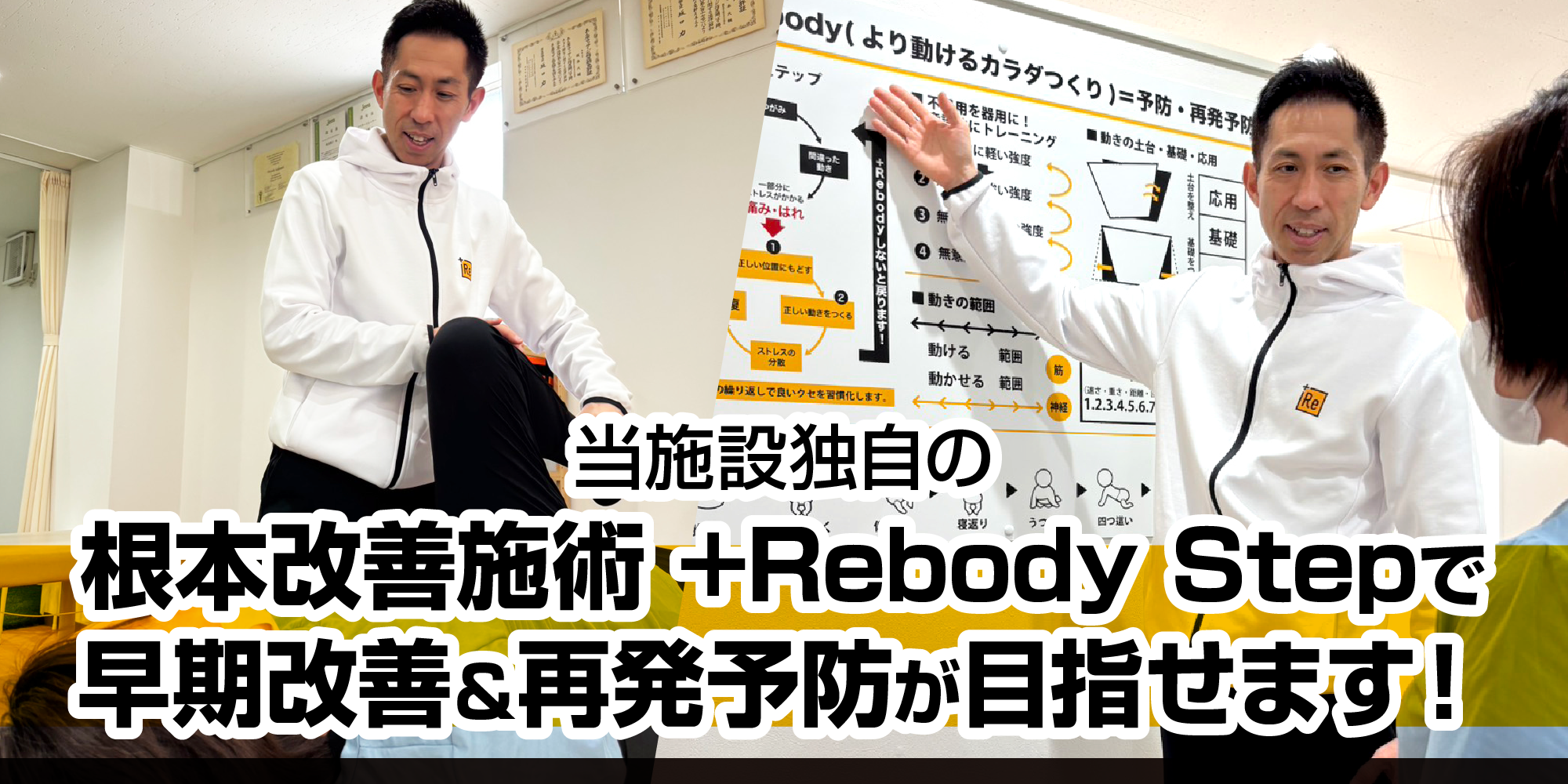 当施設独自の根本改善＆再発予防施術の＋Rebody Stepで『治す』だけでなく『動けるカラダ』へサポートします